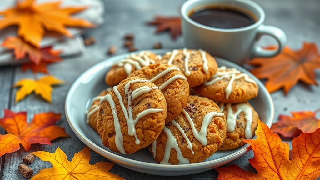 Pumpkin Spice Latte Cookies Recipe A plate of pumpkin spice latte cookies with icing, accompanied by a cup of coffee and autumn leaves.